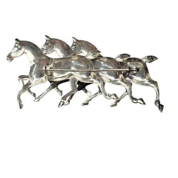 Sterling Silver Horses Brooch, Trio Stallions Pin - Picture 6 of 8